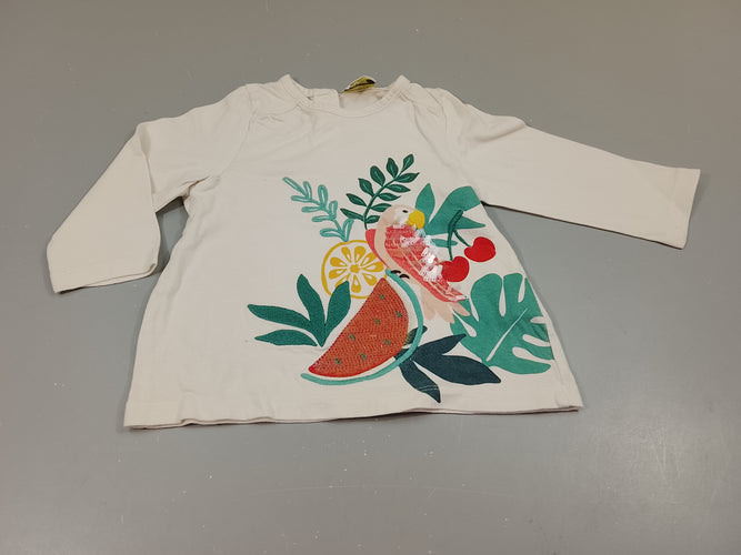 T-shirt m.l  beige clair, perroquet et pastèque avec sequins transparants, moins cher chez Petit Kiwi