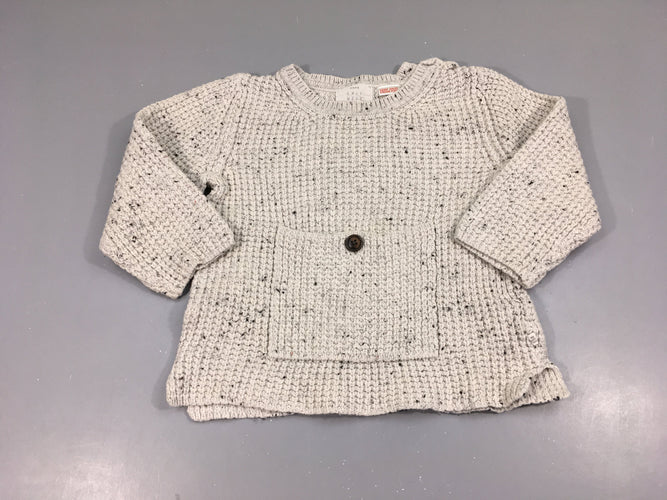 Pull mailles écru chiné poche ventrale bouton, moins cher chez Petit Kiwi