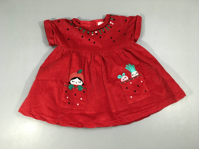 Robe m.c velours rouge pois verts-noirs haut personnages poches, moins cher chez Petit Kiwi