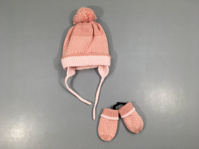 Bonnet rose doublé polar pompon + Moufles, moins cher chez Petit Kiwi