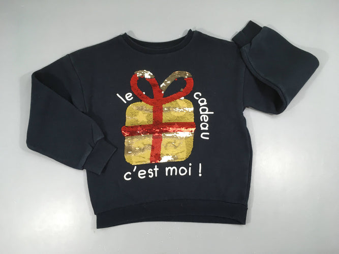 Sweat bleu marine cadeau sequins, légèrement bouloché, moins cher chez Petit Kiwi