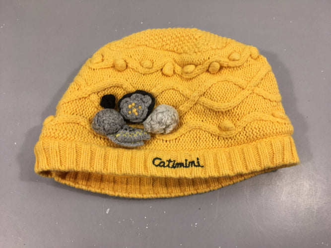 Bonnet tricot jaune, pompons , intérieur polar "Catimini", moins cher chez Petit Kiwi