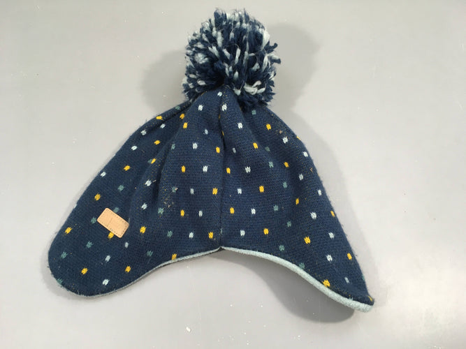 Bonnet bleu marine motifs bleu, jaune, pompon "Wed'ze". Taché, à relaver, moins cher chez Petit Kiwi