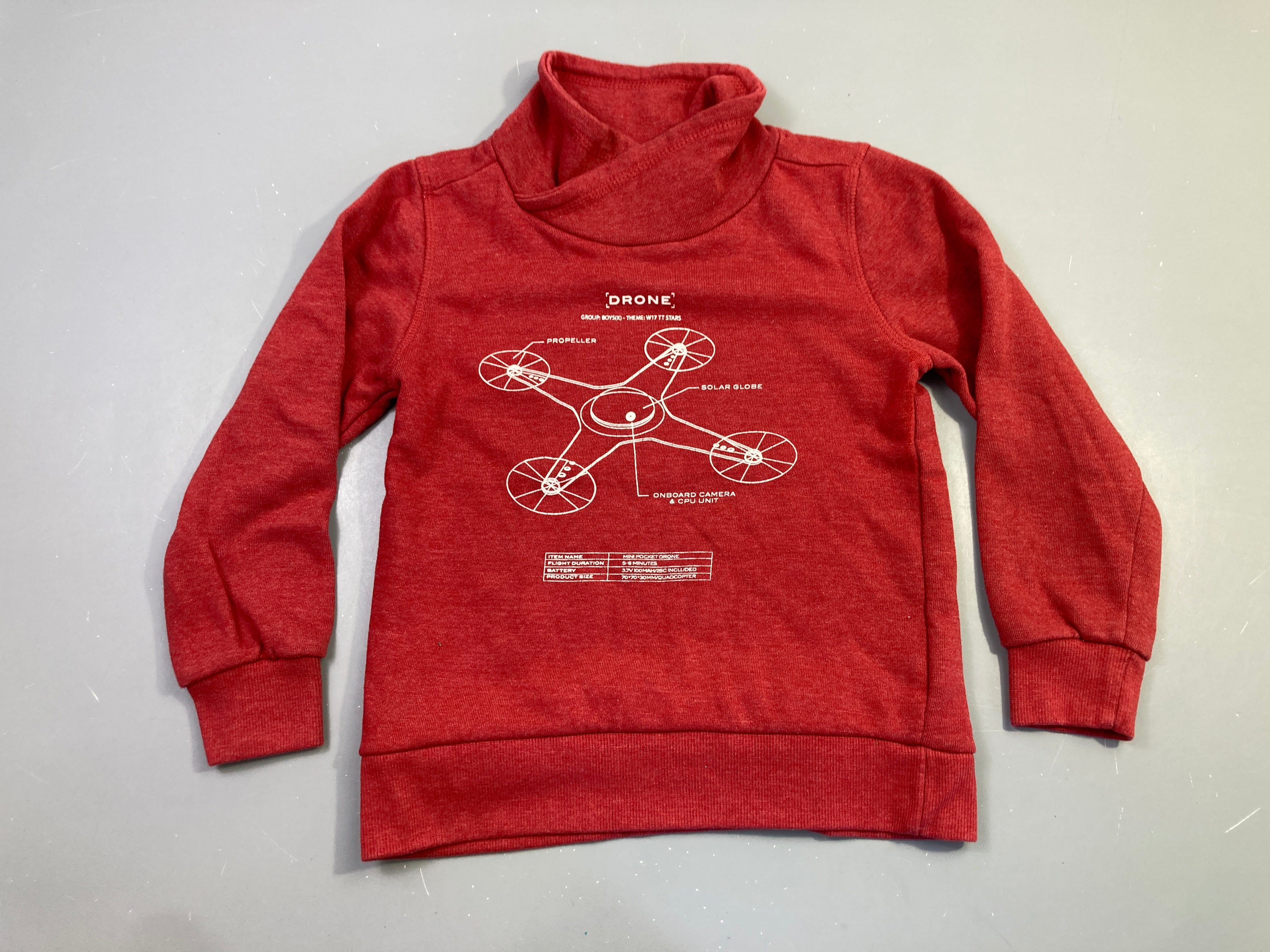 Sweat col châle rouge chiné drone, légèrement bouloché