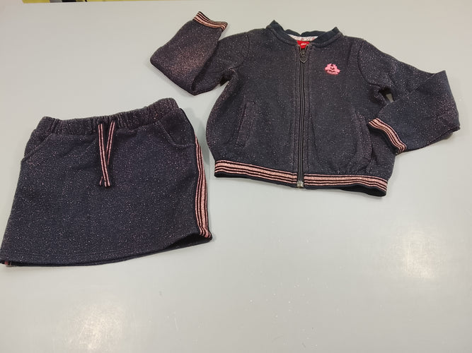 Ensemble  gilet zippé bleu marine + jupe bleu marine pailleté rose, moins cher chez Petit Kiwi