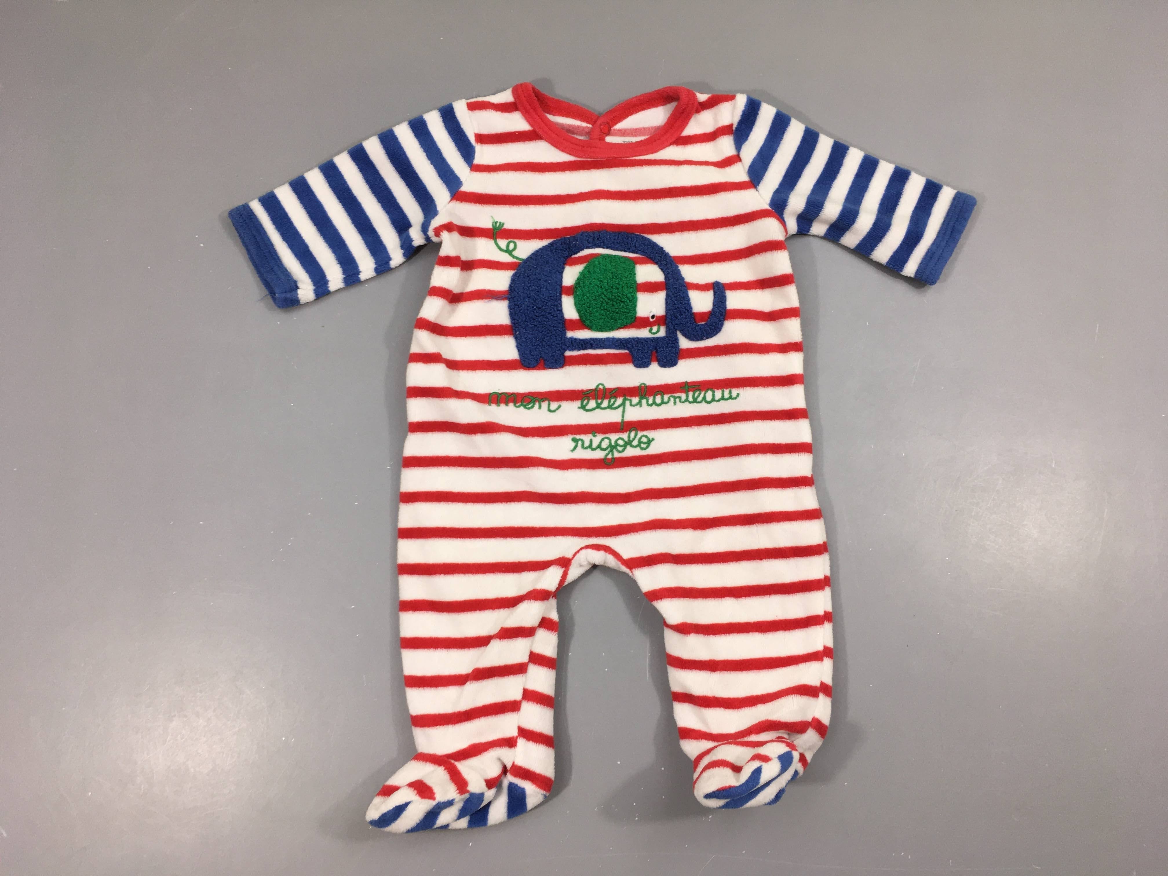 Pyjama velours blanc rayé rouge/bleu éléphant