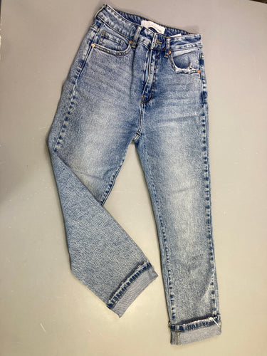 Jeans bleu délavé denim taille haute, moins cher chez Petit Kiwi