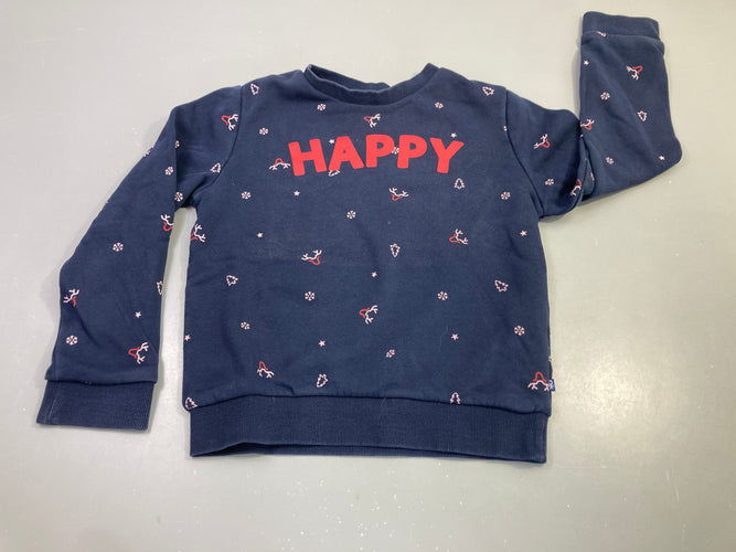 Sweat molleton bleu marine Happy imprimé rennes, moins cher chez Petit Kiwi