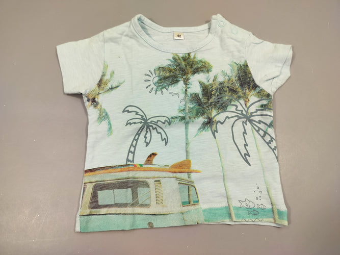 T-shirt m.c  jersey bleu clair flammé paysage palmiers, van,... 100% coton, petite tache, moins cher chez Petit Kiwi