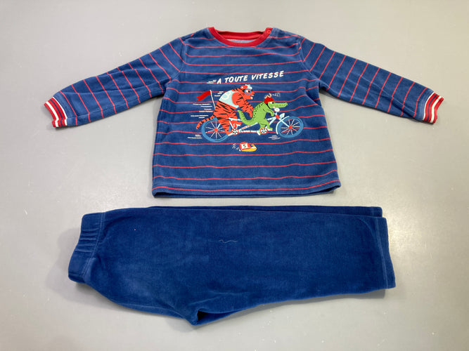 Pyjama velours bleu rayé rouge 2 pièces tigre crocodile vélo, moins cher chez Petit Kiwi