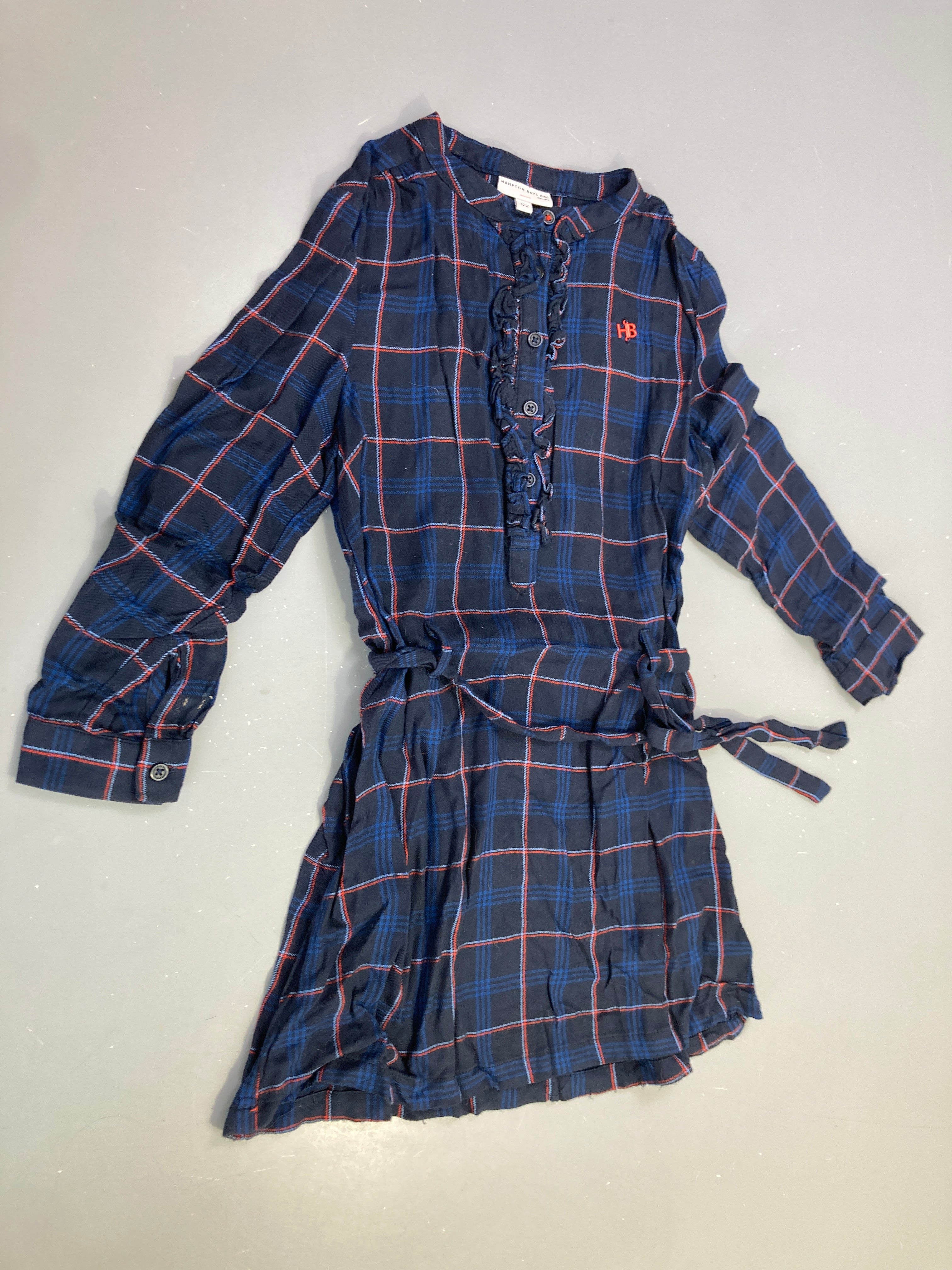 Robe m.l bleu marine carreaux rouge nœud