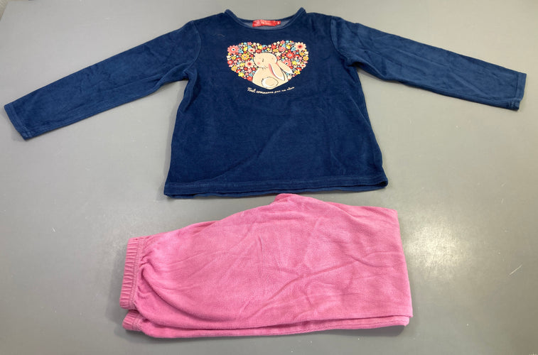 Pyjama velours 2 pièces bleu marine rose lapin fleurs, moins cher chez Petit Kiwi