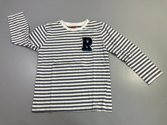 T-shirt m.l rayé blanc marine lettre R, légèrement bouloché, moins cher chez Petit Kiwi