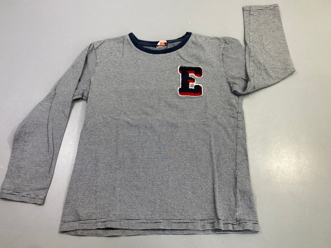 T-shirt m.l rayé marine blanc lettre E, légèrement bouloché, moins cher chez Petit Kiwi