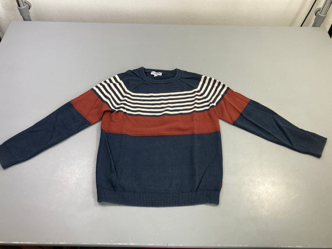 Pull bleu marine rayé rouille, légèrement bouloché, moins cher chez Petit Kiwi