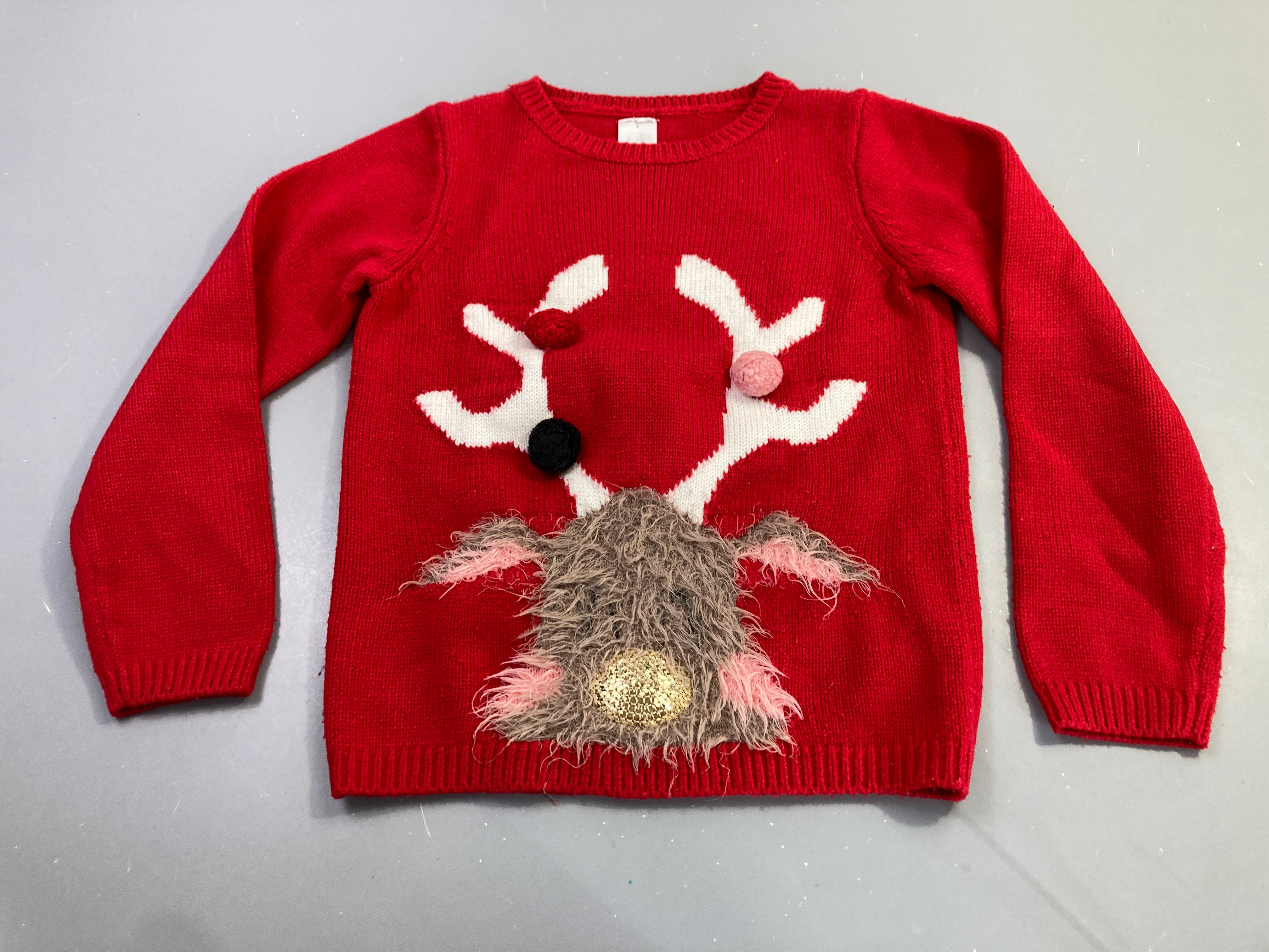 Pull rouge Noël renne avec pompons Bouloché