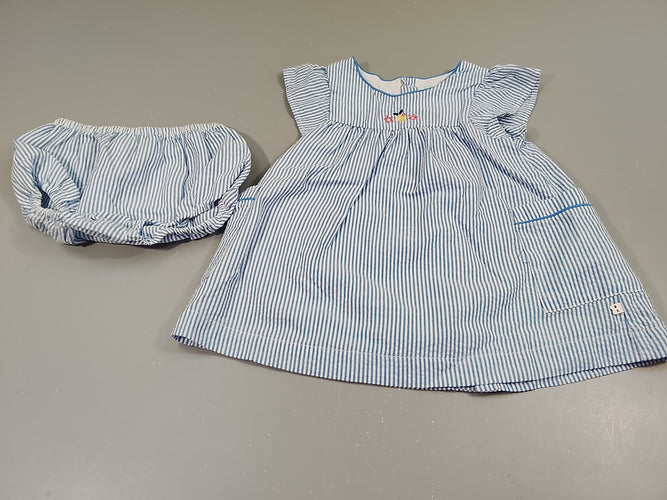 Robe m.c rayures verticales blanc et bleu  + bloomer assorti, moins cher chez Petit Kiwi