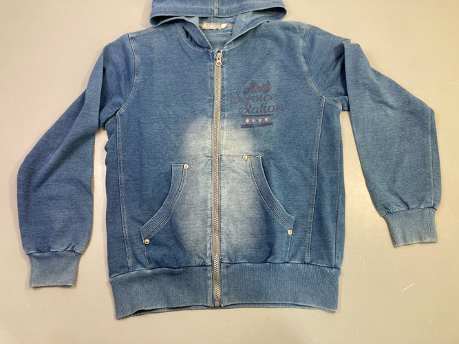 Sweat capuche zippé bleu effet délavé imprimé Service Station légèrement bouloché, moins cher chez Petit Kiwi