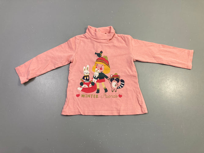 T-shirt m.l rose col roulé imprimé Winter Friends, moins cher chez Petit Kiwi