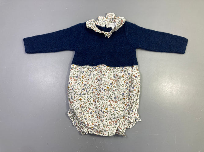 Bar.boteuse effet superposé pull bleu marine et fleuri col volanté, moins cher chez Petit Kiwi