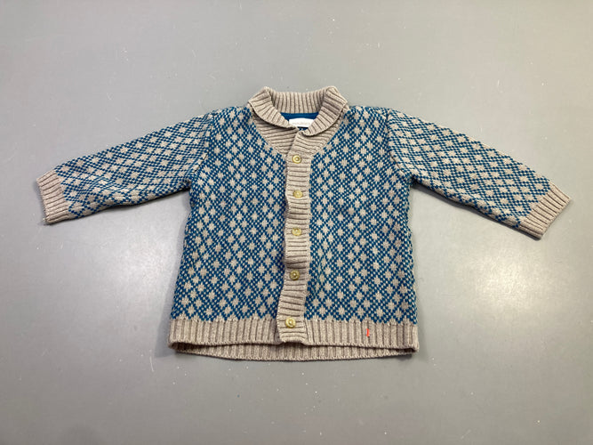 Gilet tricot losanges bleu beige boutonné, moins cher chez Petit Kiwi
