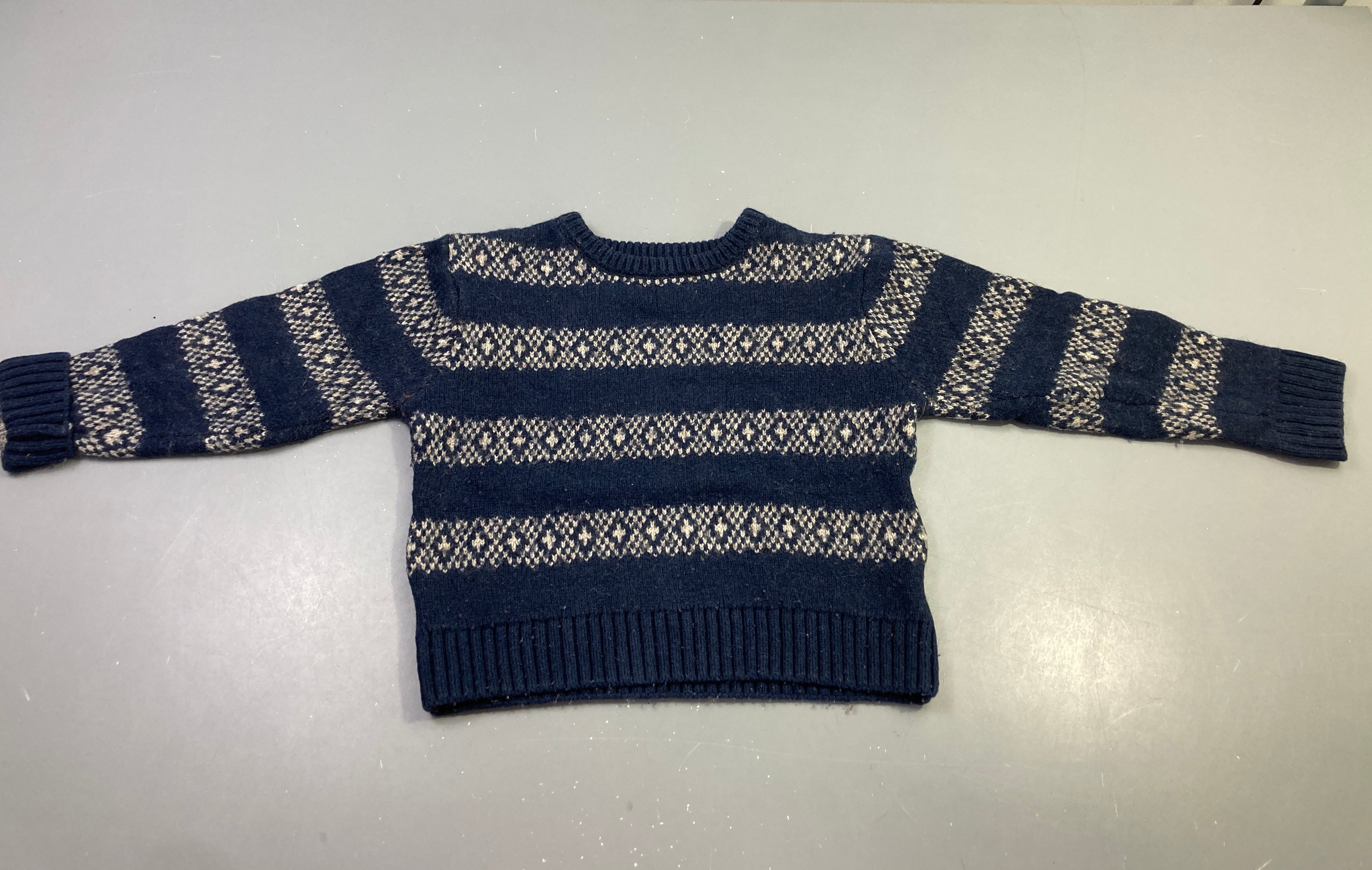 Pull marine rayé motifs beige 22%Laine Bouloché