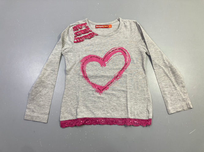 T-shirt m.l gris chiné cœur rose dentelle, moins cher chez Petit Kiwi