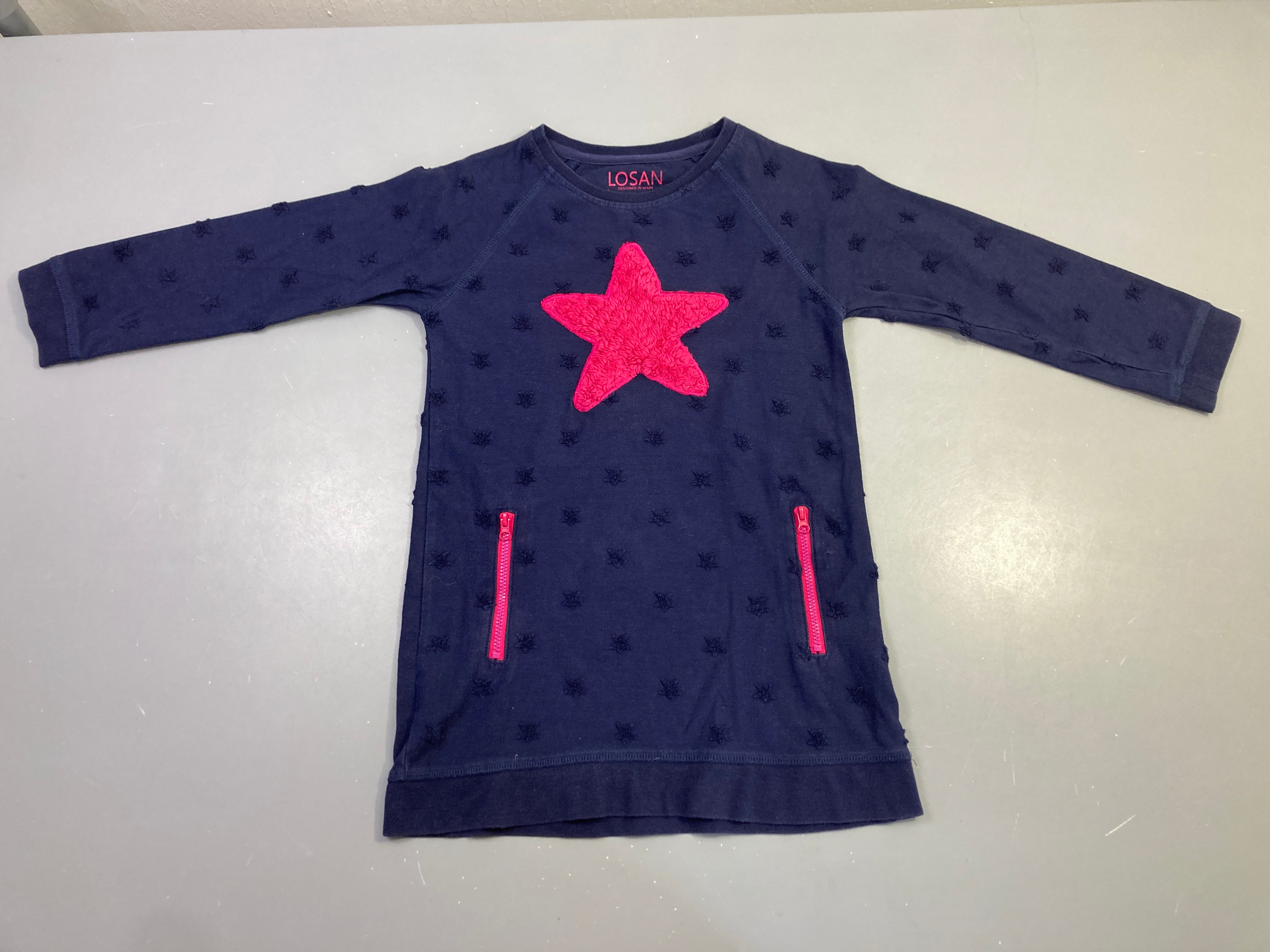 Robe m.l jersey bleu marine étoile rose poches zippées