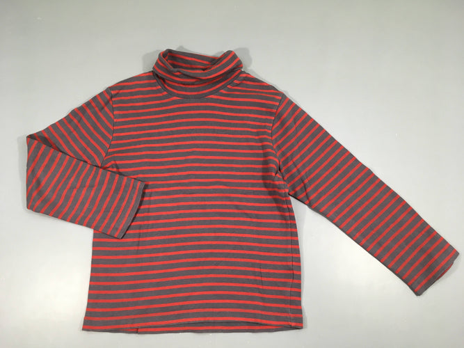 T-shirt m.l col roulé rouge rayé gris, légèrement bouloché, moins cher chez Petit Kiwi