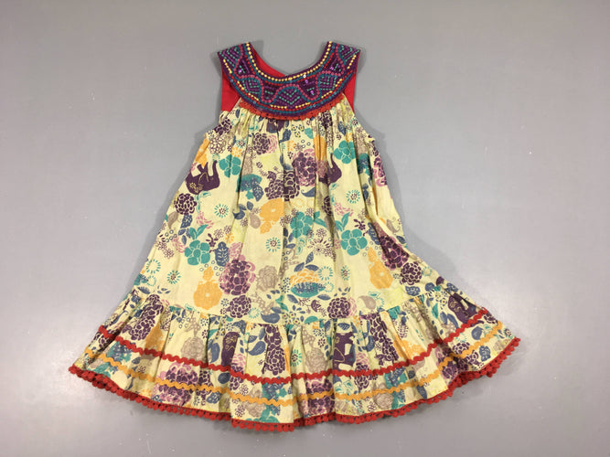 Robe s.m jaune motifs mulitcolores éléphants col brodé sequins, moins cher chez Petit Kiwi