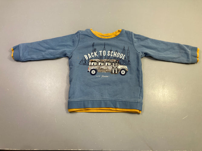 Sweat effet superposé moutarde bleu bus sequins back to school, moins cher chez Petit Kiwi