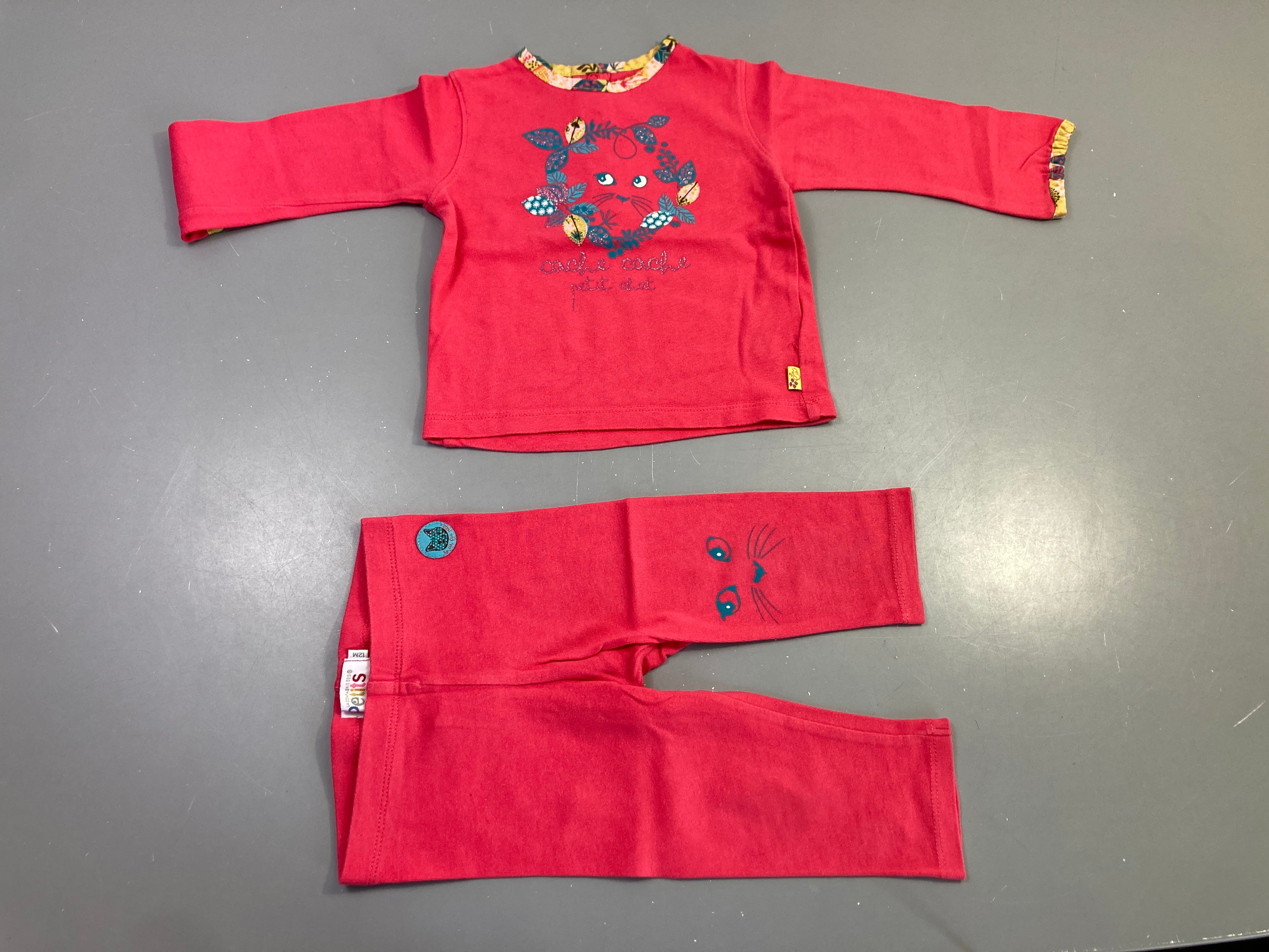 Pyjama 2pcs jersey jersey corail motif chat cache-cache