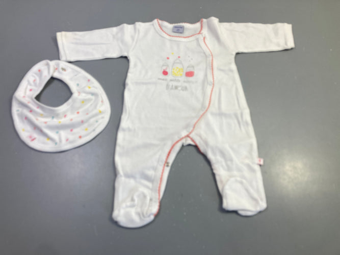 Pyjama blanc biberons + bavoir assorti, moins cher chez Petit Kiwi