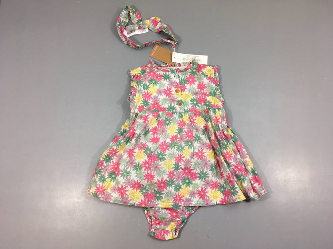 Neuf-Robe s.m blanche fleurie rose-vert + Bandeau + Bloomer, moins cher chez Petit Kiwi