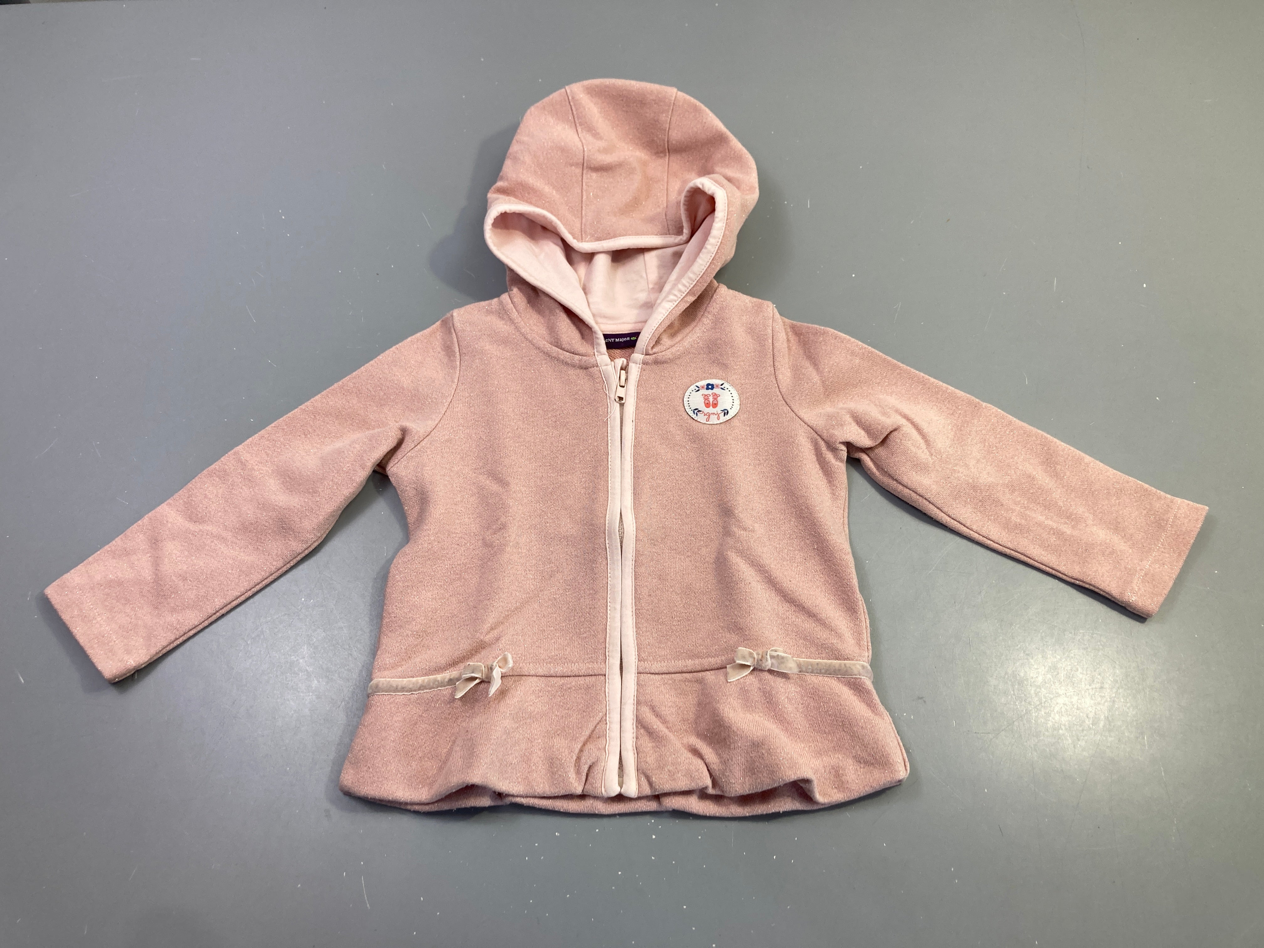 Sweat zippé à capuche rose nœuds fils irisé- légèrement bouloché