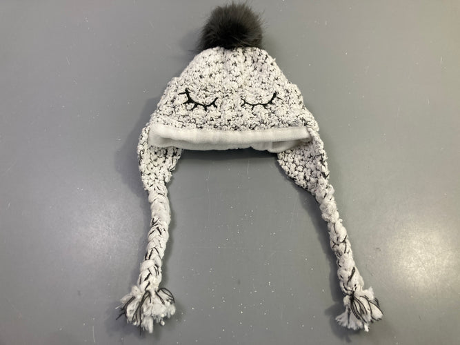 Bonnet chapka blanc pompon gris visage brodé, 50cm, moins cher chez Petit Kiwi