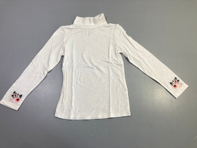 T-shirt m.l blanc col roulé broderies fleurs, bouloché, moins cher chez Petit Kiwi