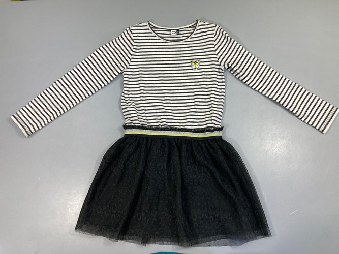 Robe m.l bi-matière molleton/tulle noir rayé blanc léopard, très légèrement boulochée, moins cher chez Petit Kiwi