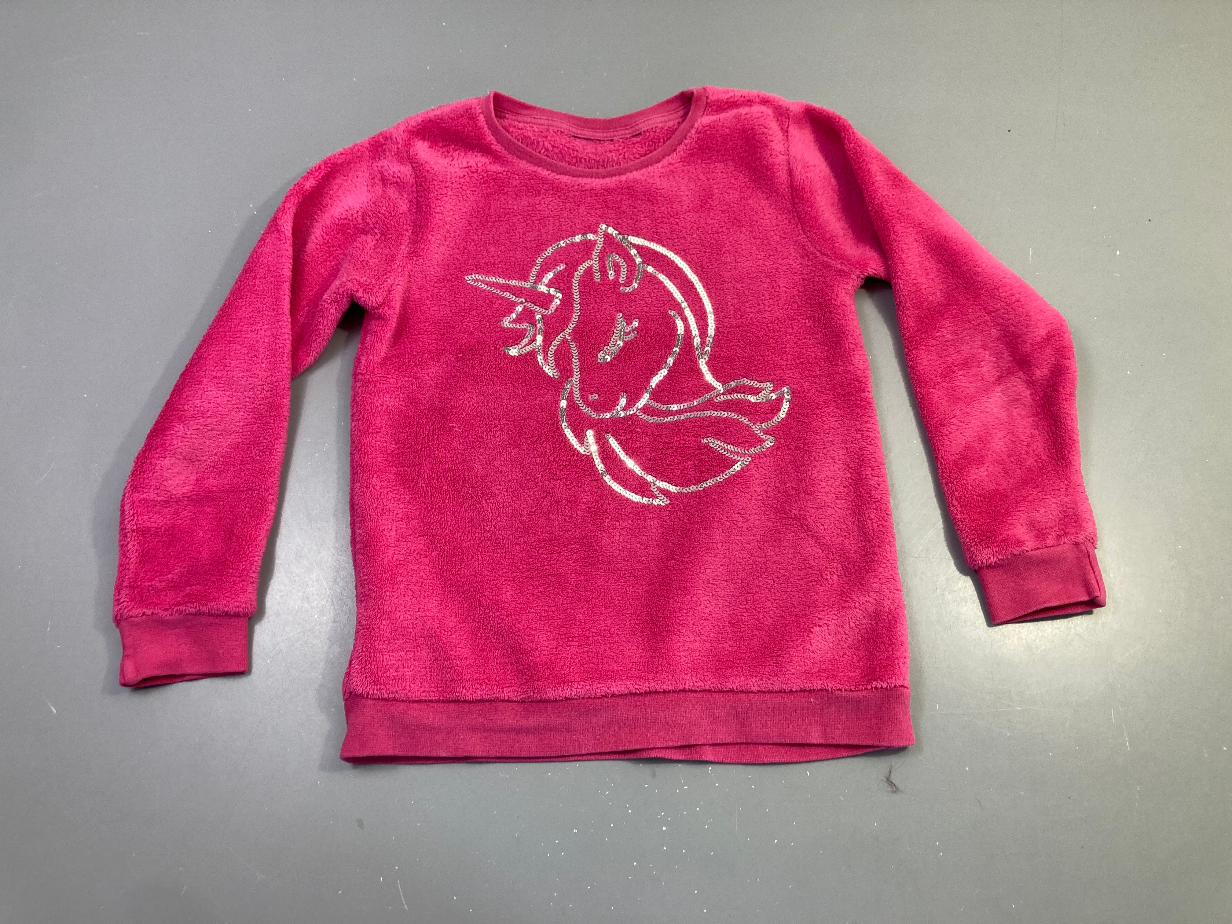 Pull velours fuchsia licorne sequins (taille estimée, pas d'étiquette)