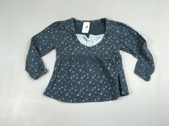 T-shirt m.l bleu fleuri ocre effet superposé chemise bleu, moins cher chez Petit Kiwi