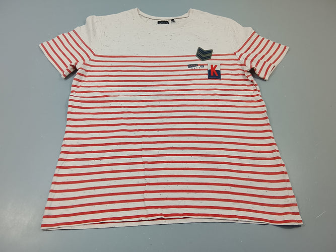 T-shirt m.c blanc moucheté rayé rose, écussons, moins cher chez Petit Kiwi