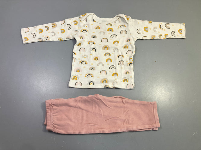 Pyjama 2pcs jersey écru arc-en-ciel, pantalon rose, un peu bouloché, moins cher chez Petit Kiwi