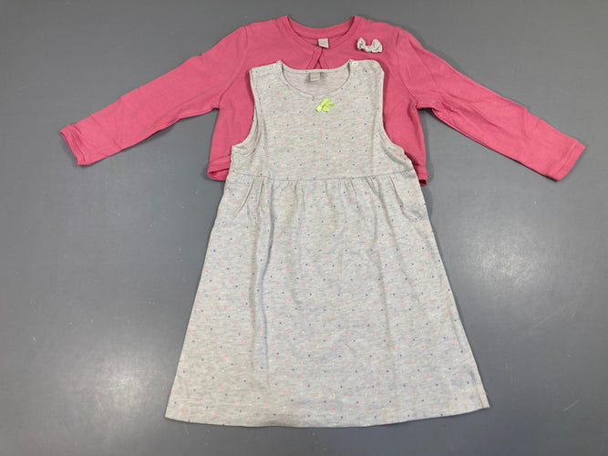 Robe m.l jersey gris pois + gilet rose noeud, moins cher chez Petit Kiwi