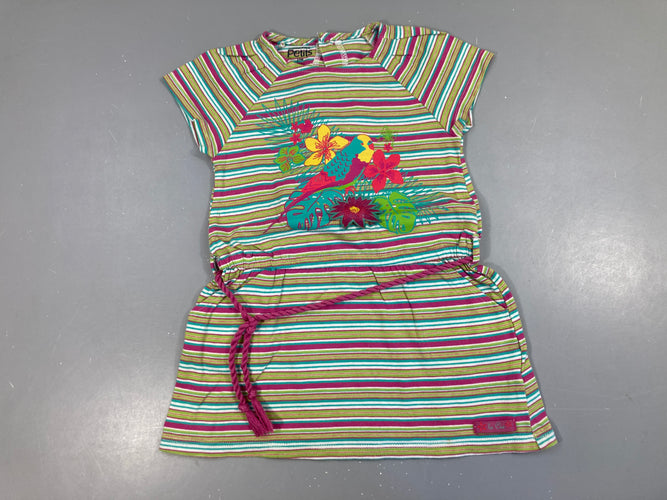 Robe m.c jersey rayé multicolore oiseau fleurs ceinture tresse, moins cher chez Petit Kiwi