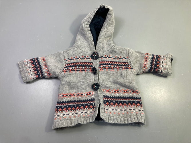 Gilet épais capuche gris jacquard doublé velours, moins cher chez Petit Kiwi