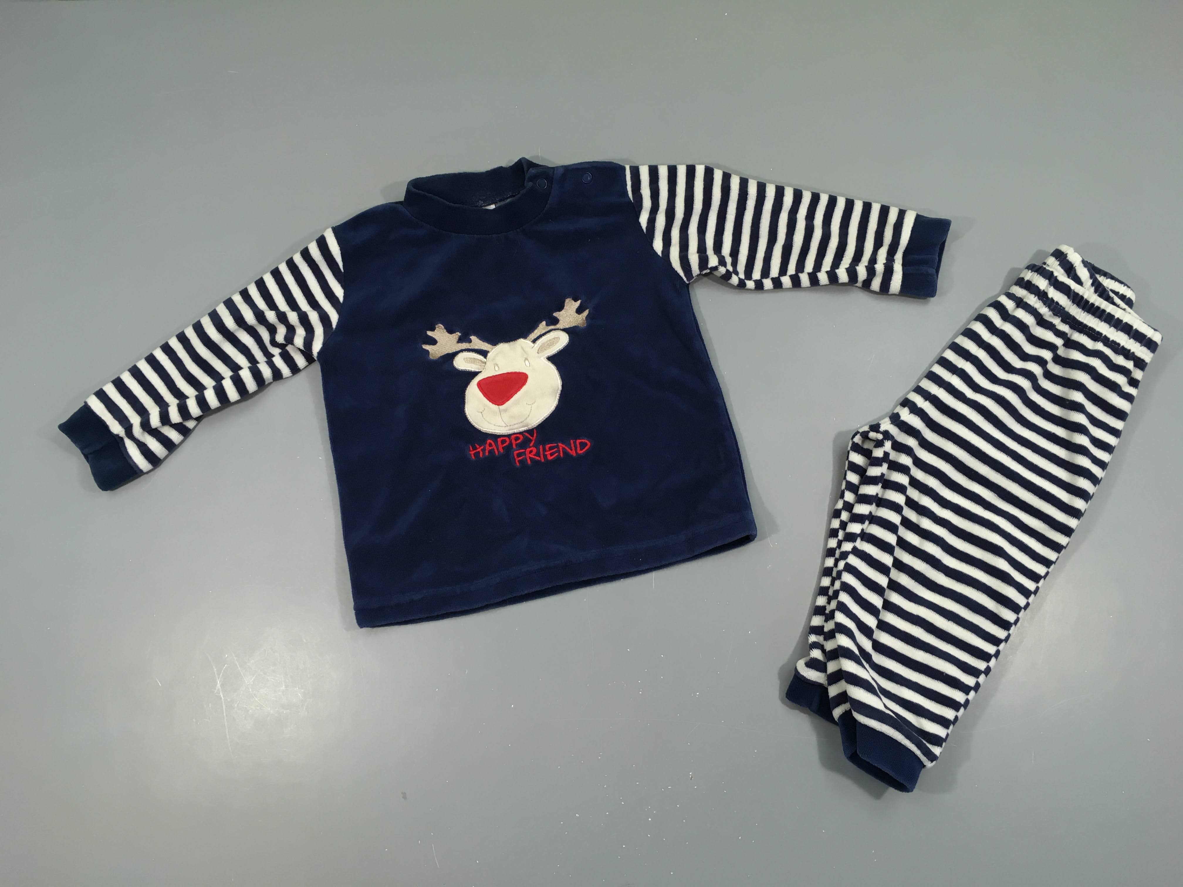 Pyjama 2pcs velours bleu/rayé blanc renne happy friend
