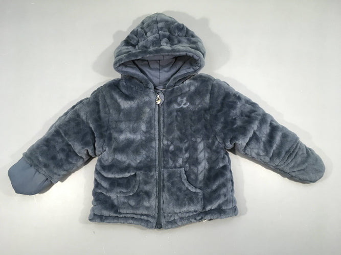 Gilet-veste zippé velours bleu à capuche, moins cher chez Petit Kiwi