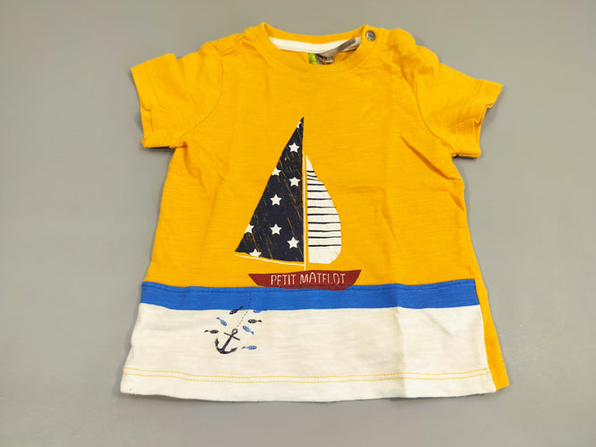 T-shirt m.c jaune, bleu, blanc, voilier "Petit matelot", moins cher chez Petit Kiwi