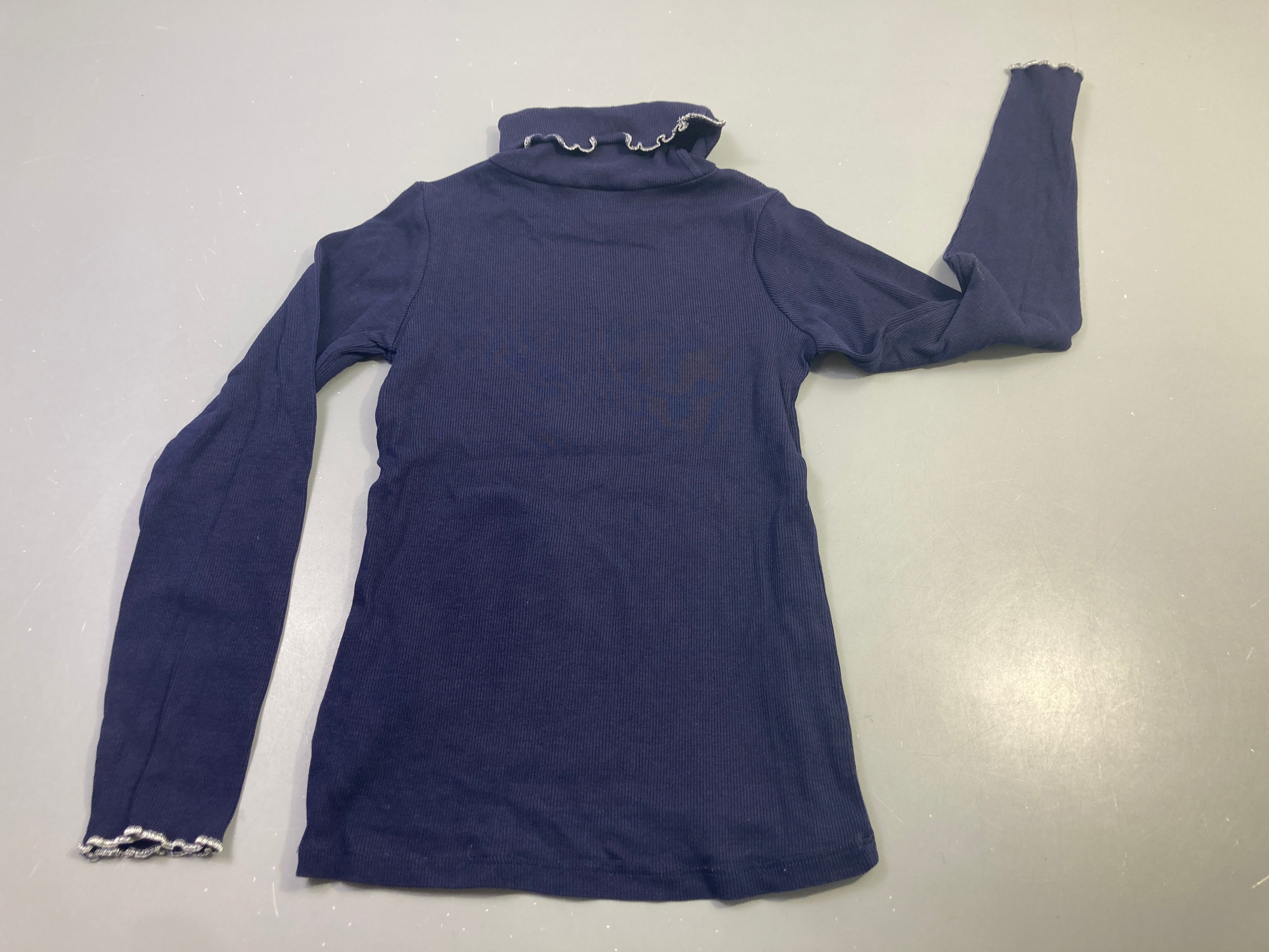 T-shirt m.l bleu marine côtes col volanté pailleté