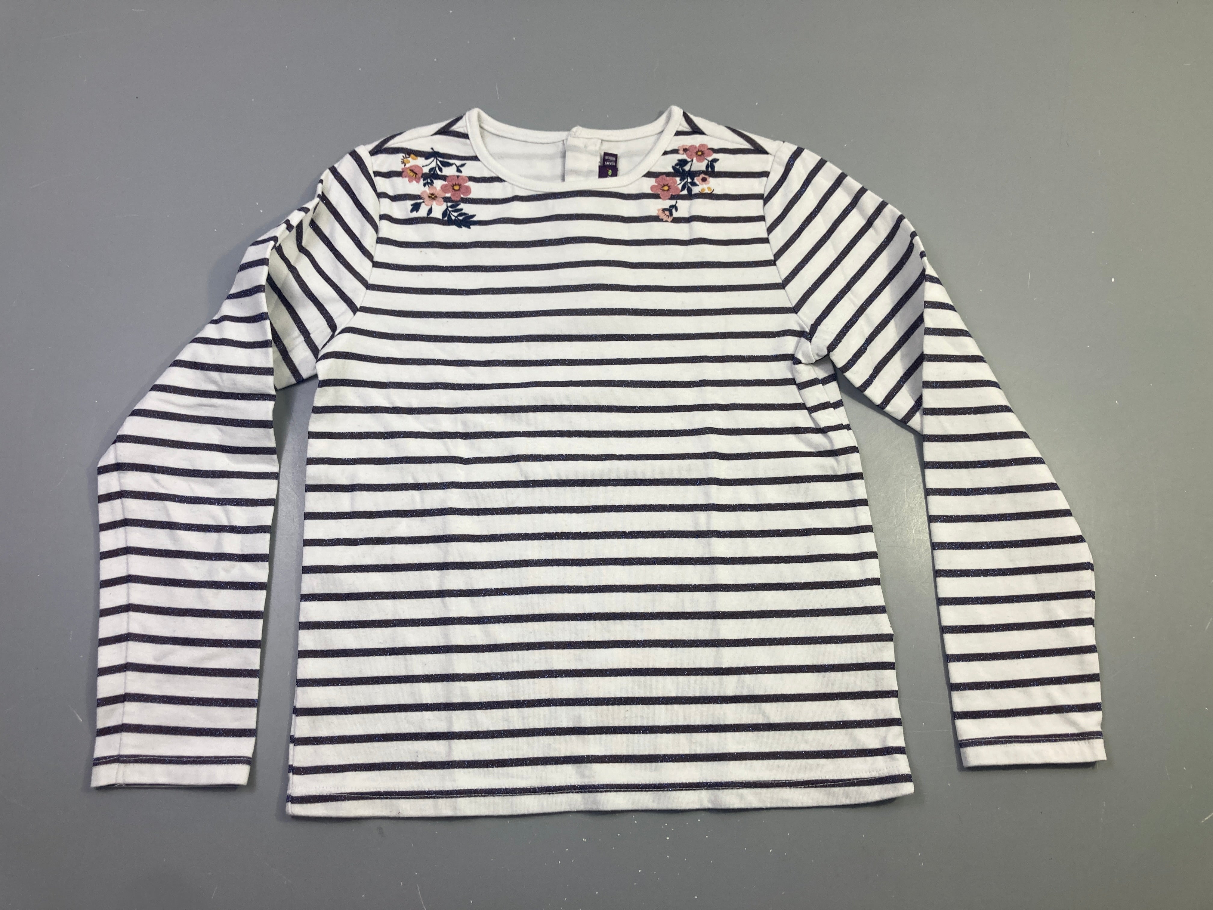 T-shirt m.l rayé blanc marine fleurs brodées